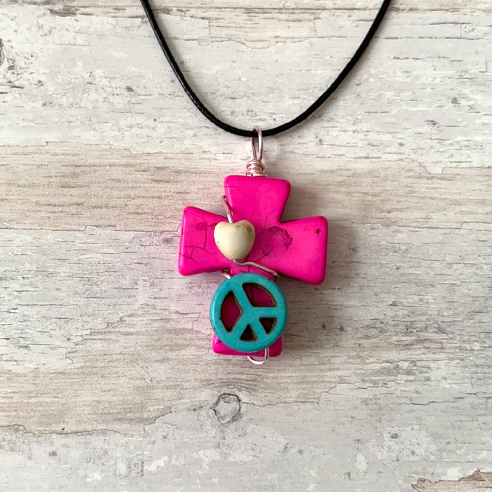 Pink Stone Cross Necklace Teal Peace Sign Detail Women’s Jewelry Handmade NEW